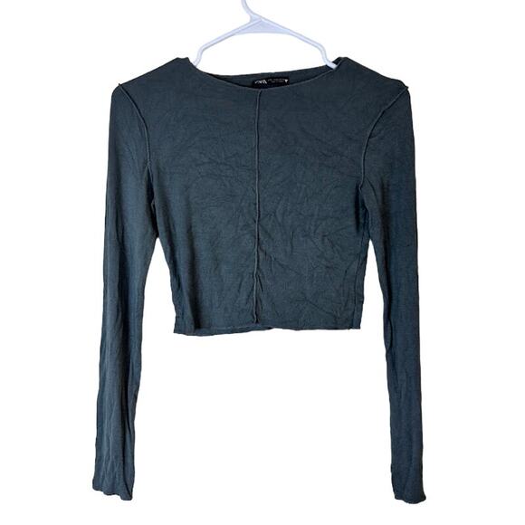 ZARA Women's Exposed Seams Long Sleeve Crop Top Olive Green Size‎ M - Picture 2 of 8